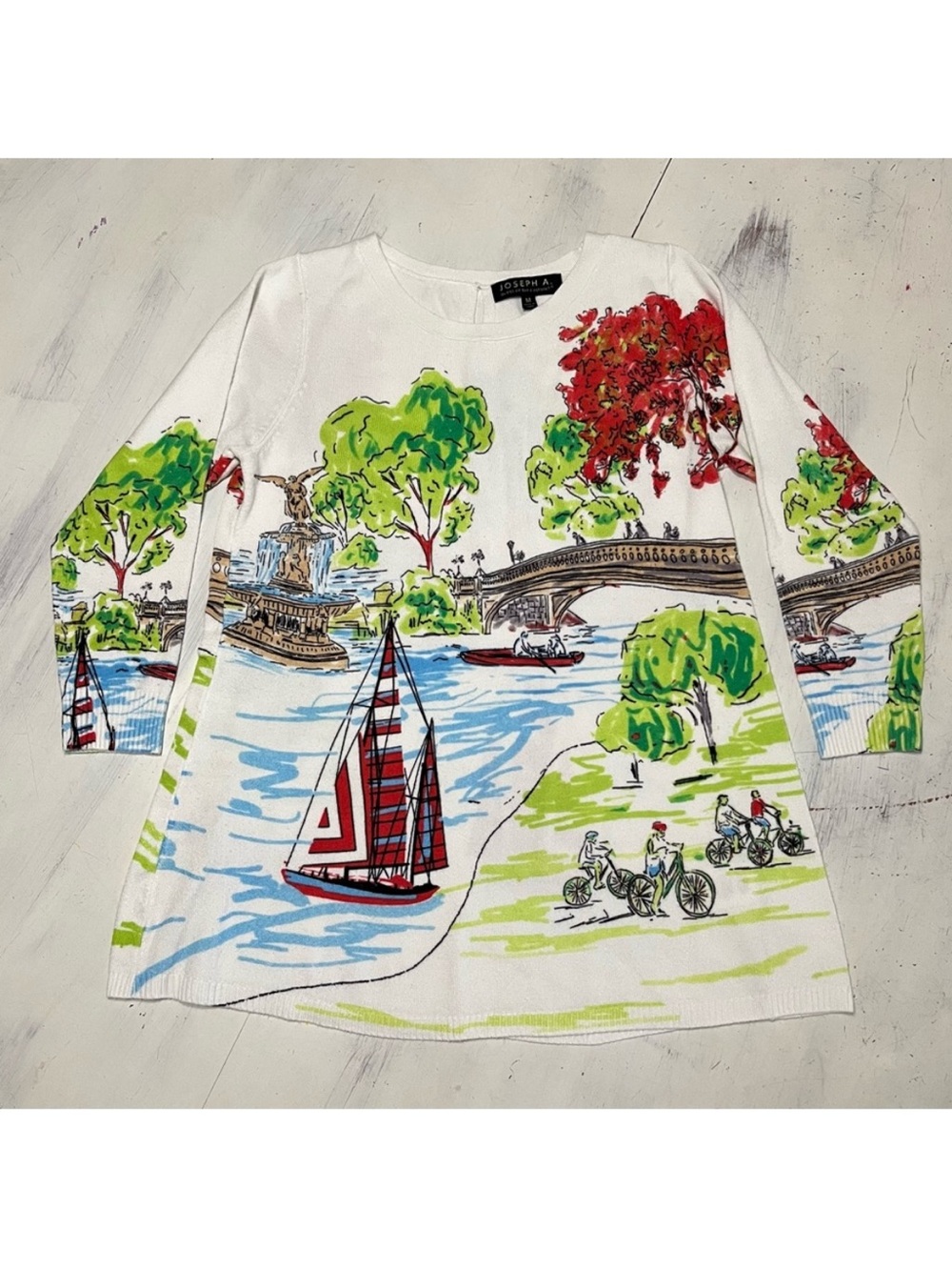 Joseph A. Central Park Scene Art To Wear Knit 3/4 Sleeve Sweater
